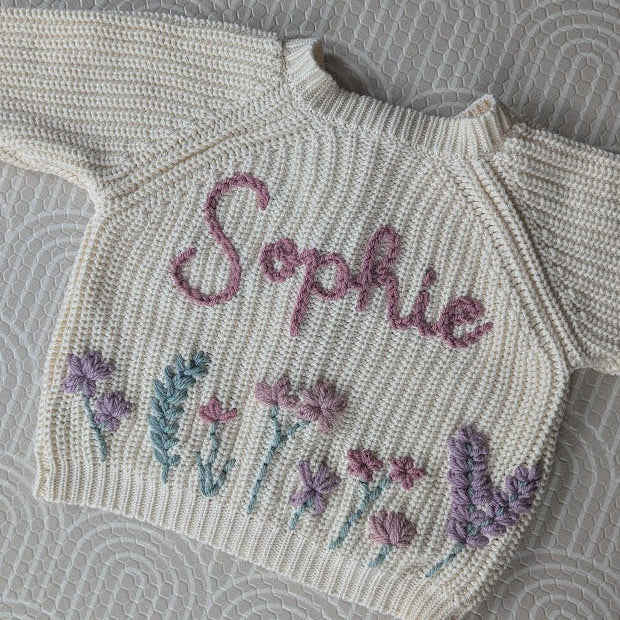 Cream Cardigan with Name and Flower Garden (flowers on back only)