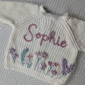 Cream Cardigan with Name and Flower Garden (flowers on back only)