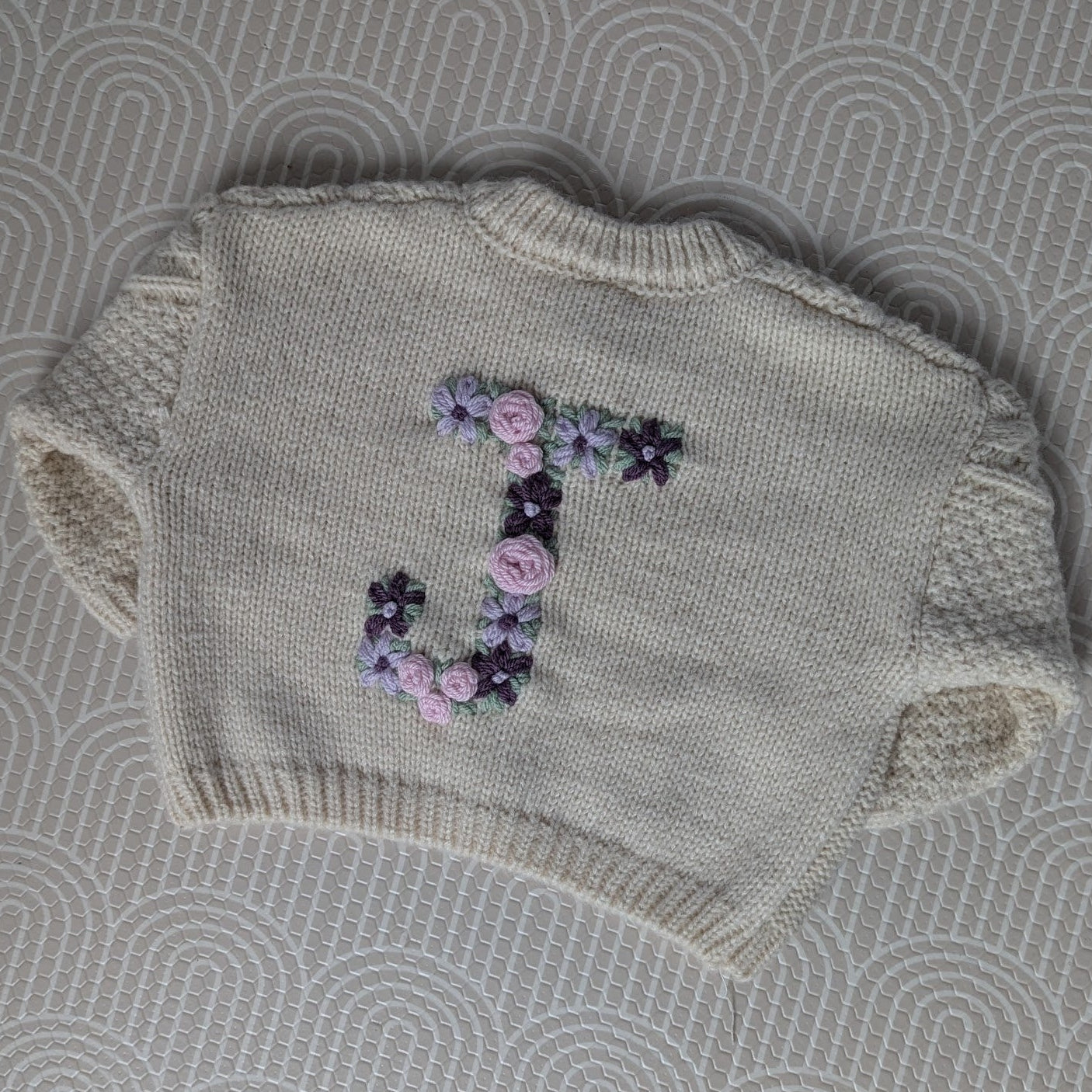 Cable Knit Cardigan with Floral Letter
