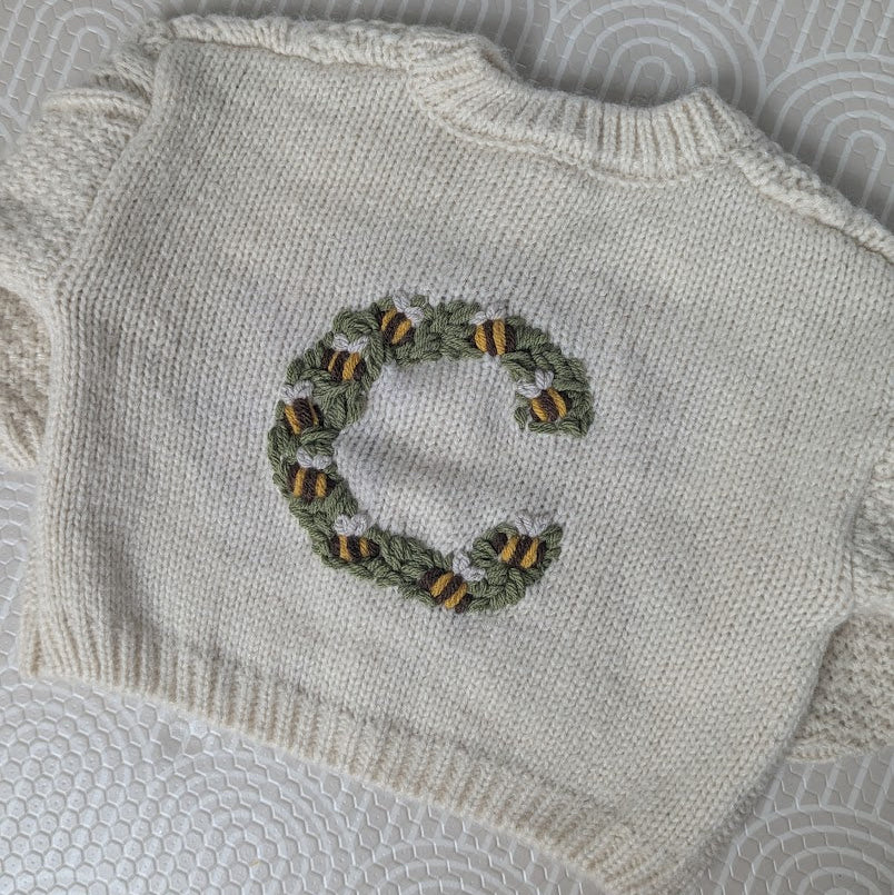 Cable Knit Cardigan with Bee Letter