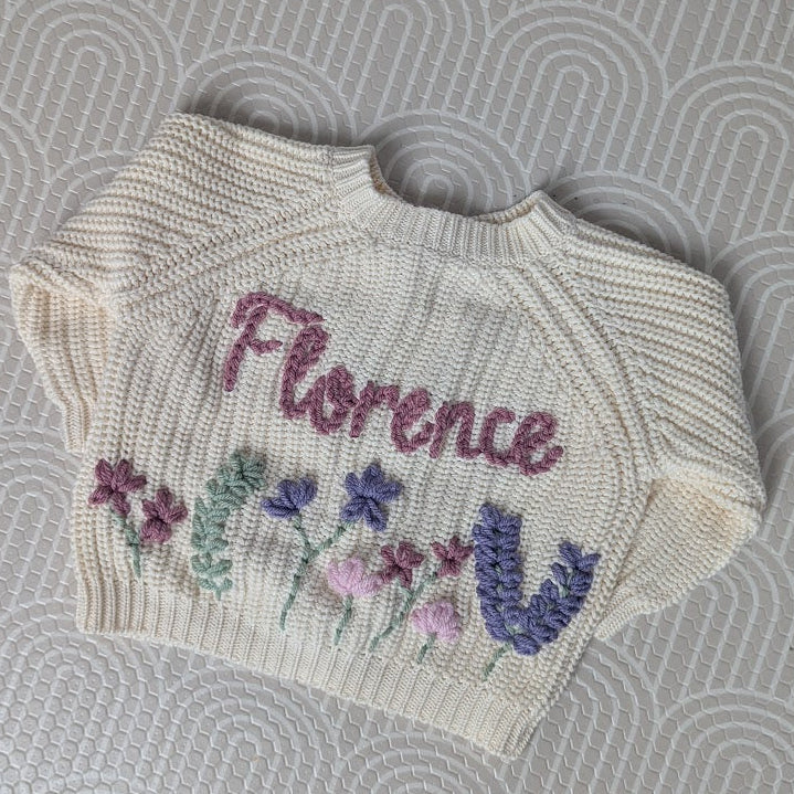 Cream Cardigan with Name and Flower Garden (flowers on front and back)