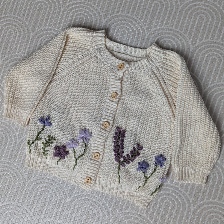 Cream Cardigan with Name and Flower Garden (flowers on front and back)