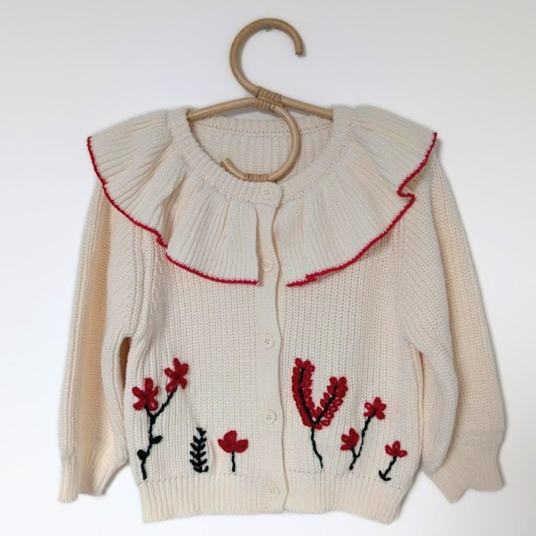 Festive Frill Cardigan with Flower Garden (flowers on front and back)