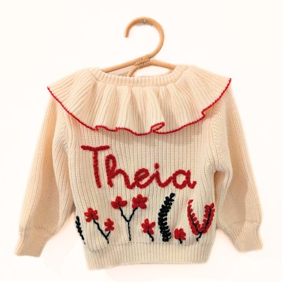 Festive Frill Cardigan with Name and Flower Garden (flowers on back only)